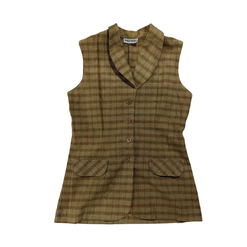 Vintage 80s Daily Habit Plaid Longline Vest Size 9 Union Made USA Academia